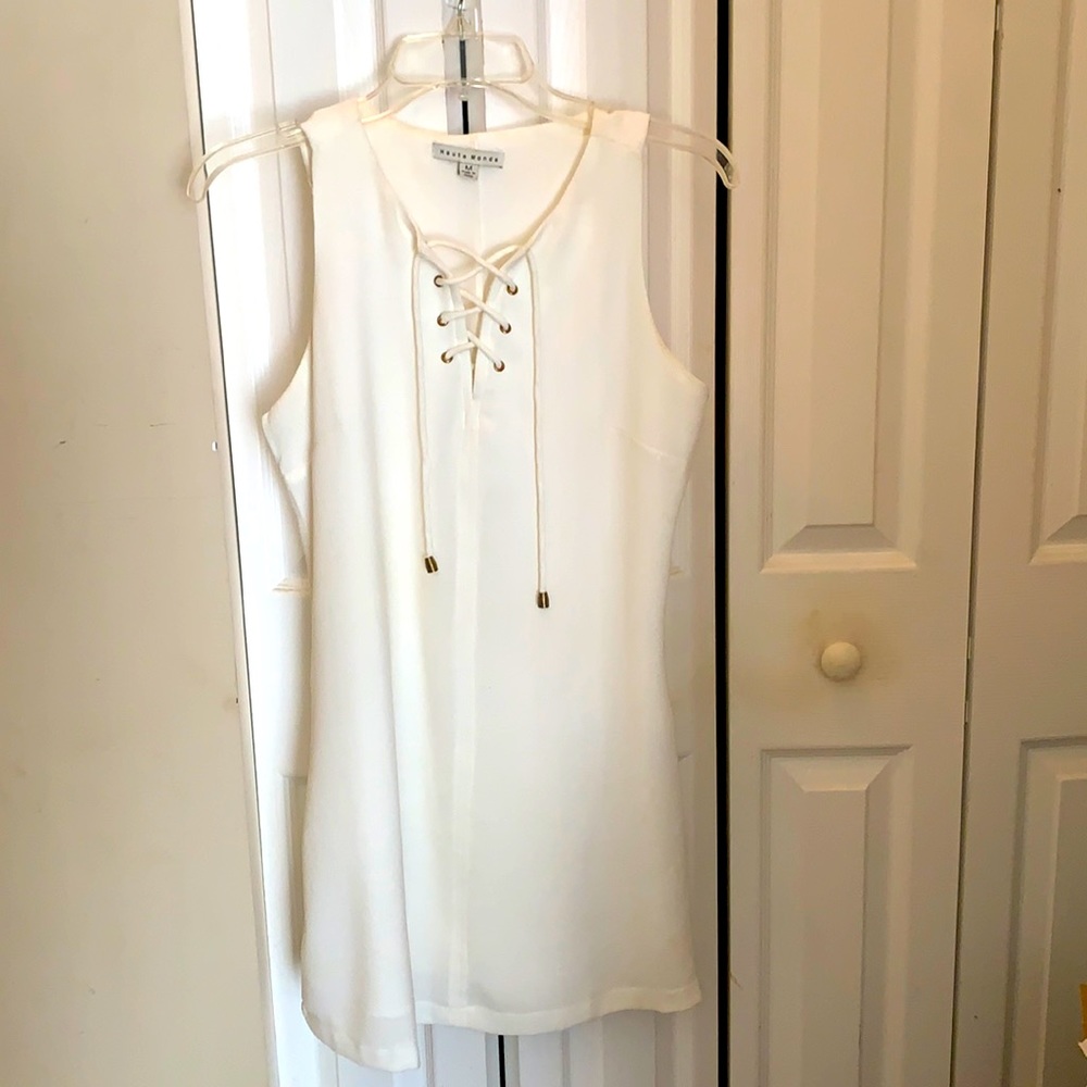 Cream colored sleeveless lace front sheath dress